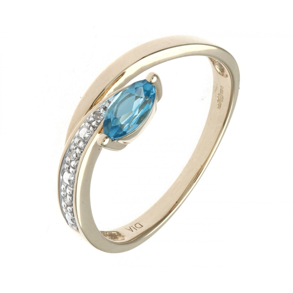 Ladies 9ct Yellow Gold 0.01ct Diamond and Marquise Blue Topaz Ring