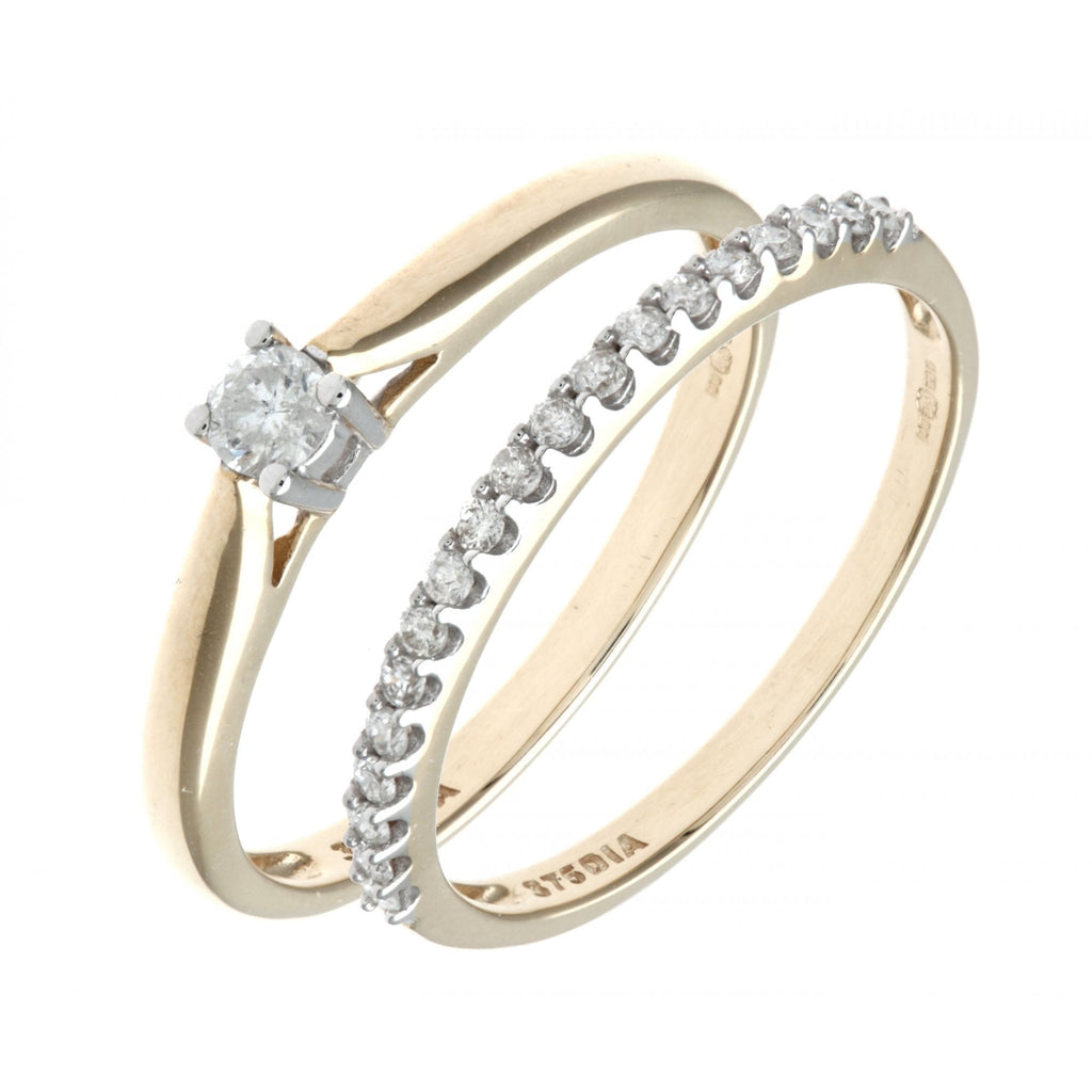 9ct Gold 0.25 Carat Natural Diamond Solitaire & Band Bridal Ring Set of 2