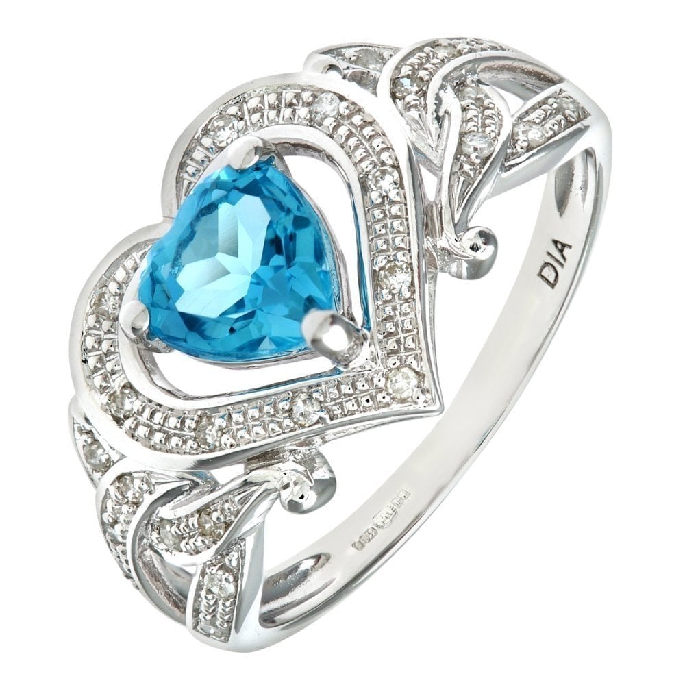 Ladies 9ct White Gold 0.10ct Diamond and Heart Blue Topaz Ring