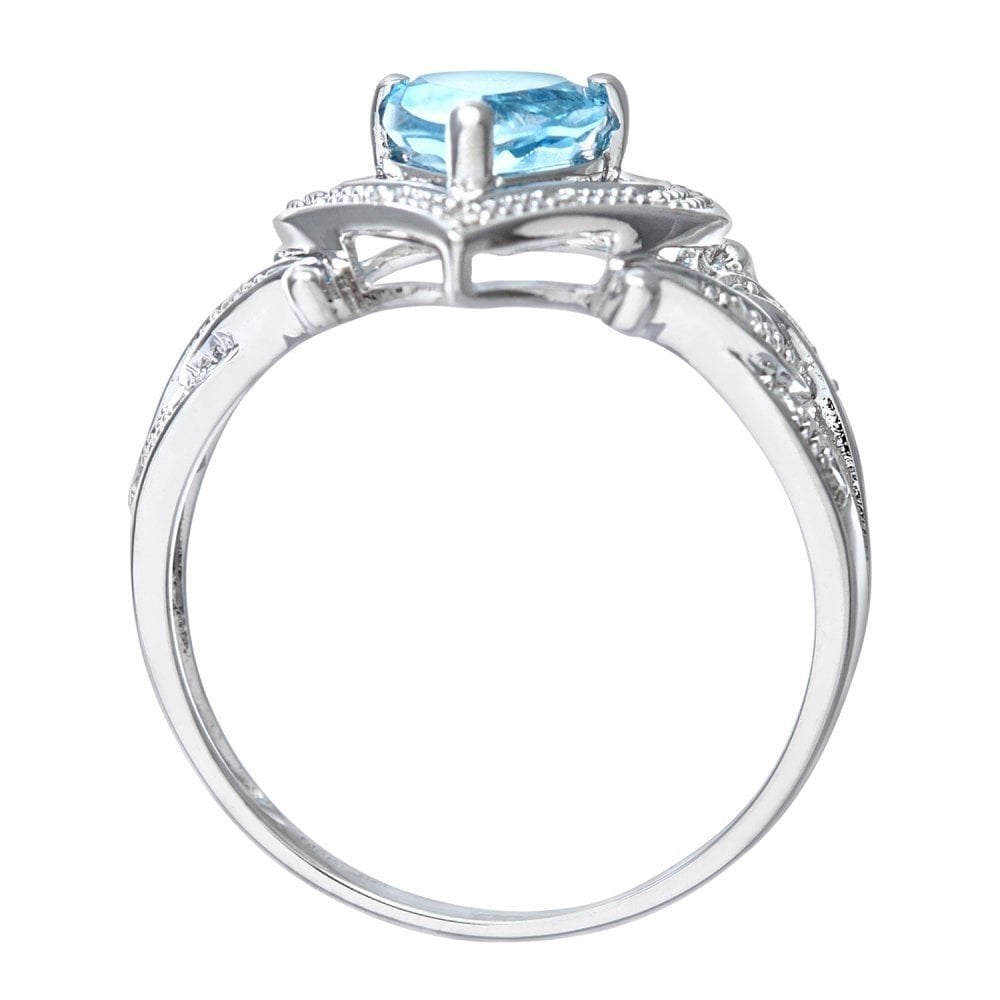 Ladies 9ct White Gold 0.10ct Diamond and Heart Blue Topaz Ring