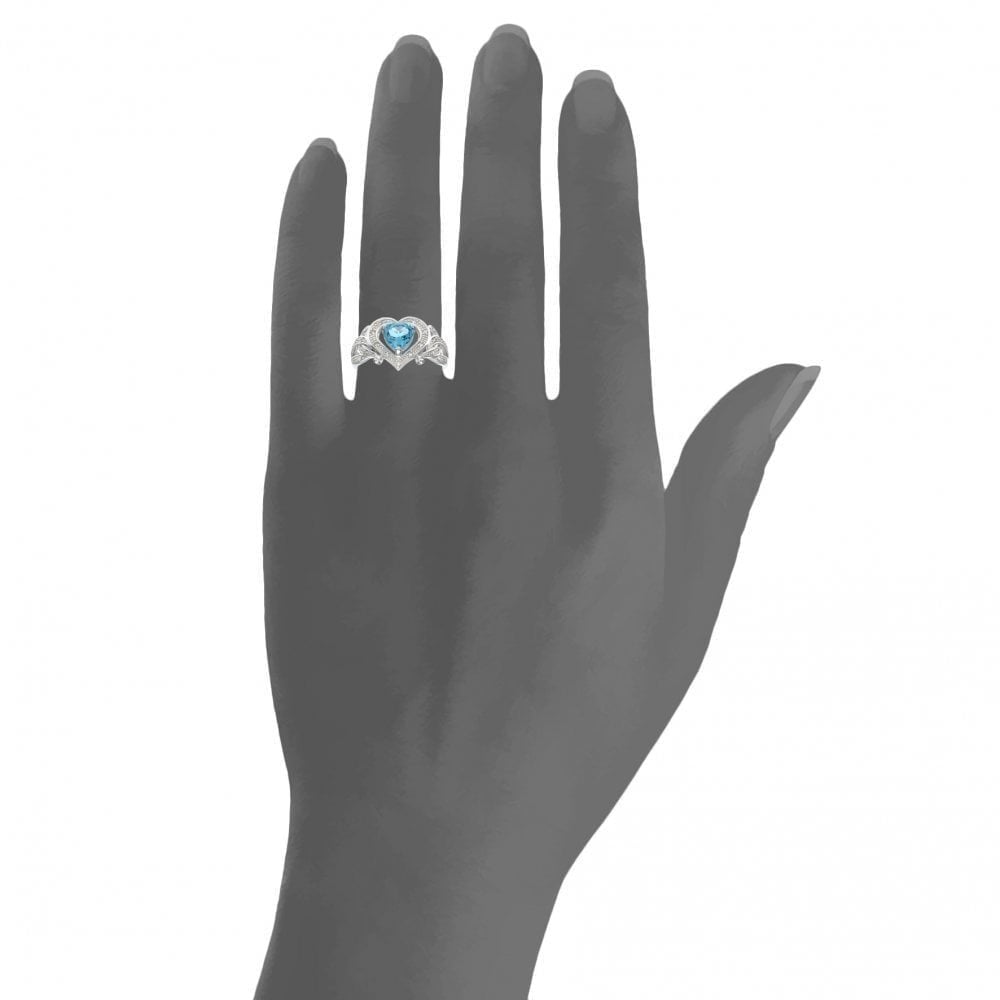 Ladies 9ct White Gold 0.10ct Diamond and Heart Blue Topaz Ring