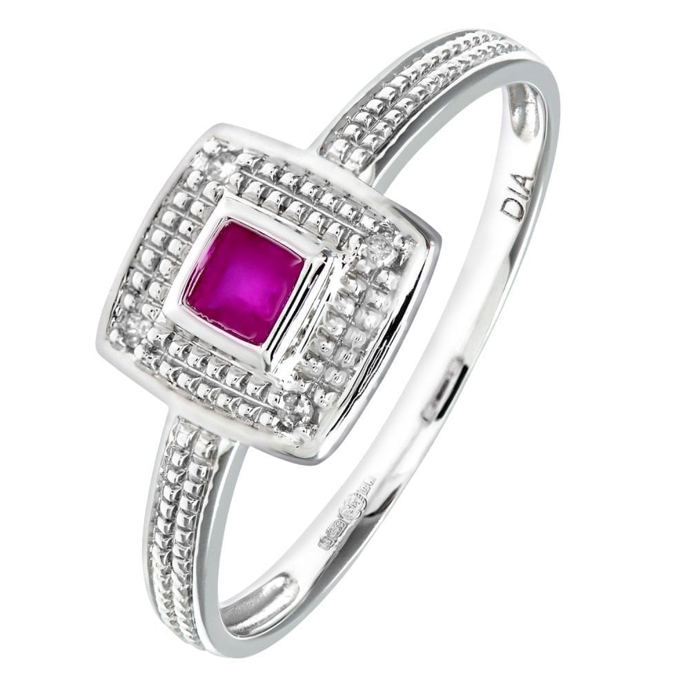Ladies 9ct White Gold 0.02ct Diamond and Ruby Cluster Ring