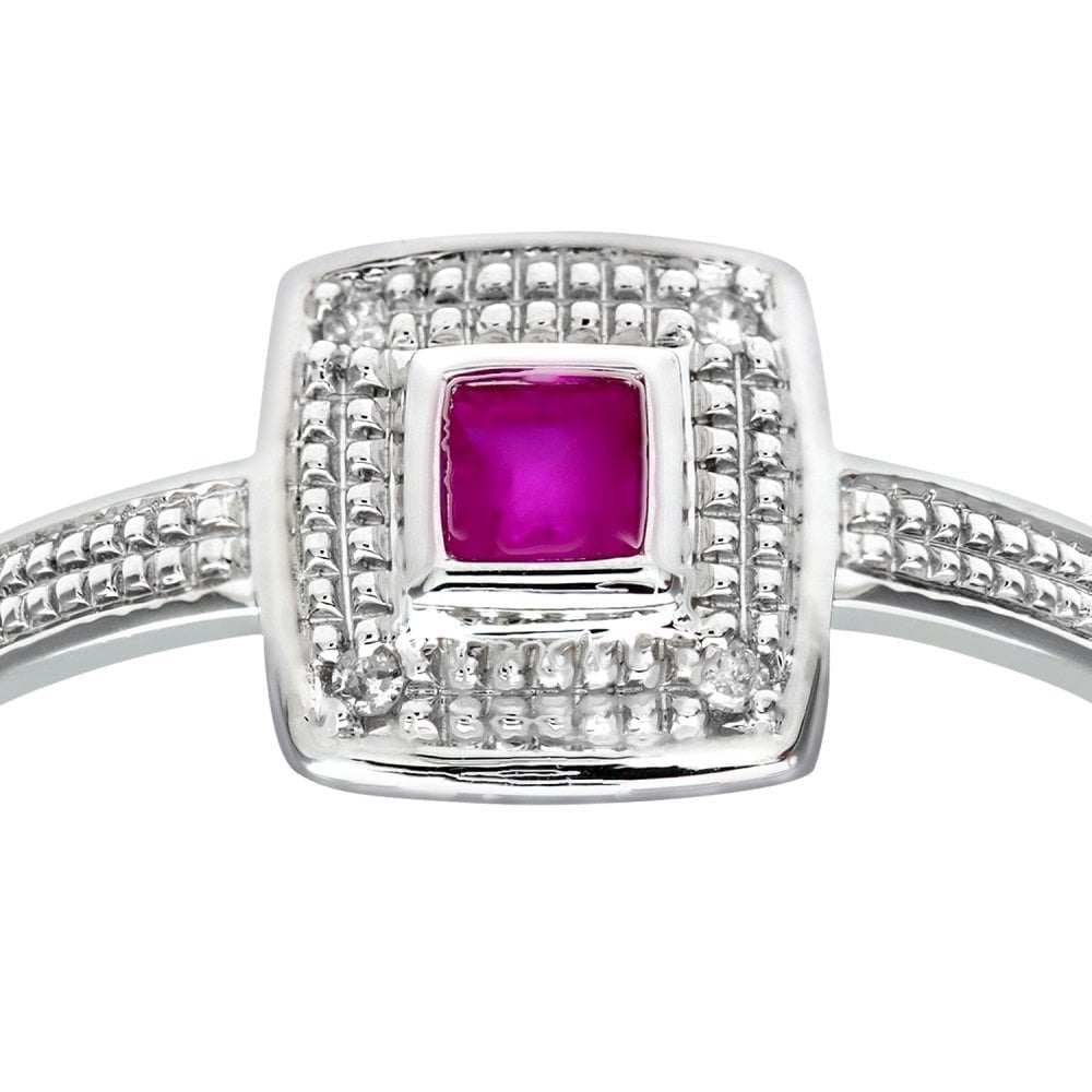Ladies 9ct White Gold 0.02ct Diamond and Ruby Cluster Ring