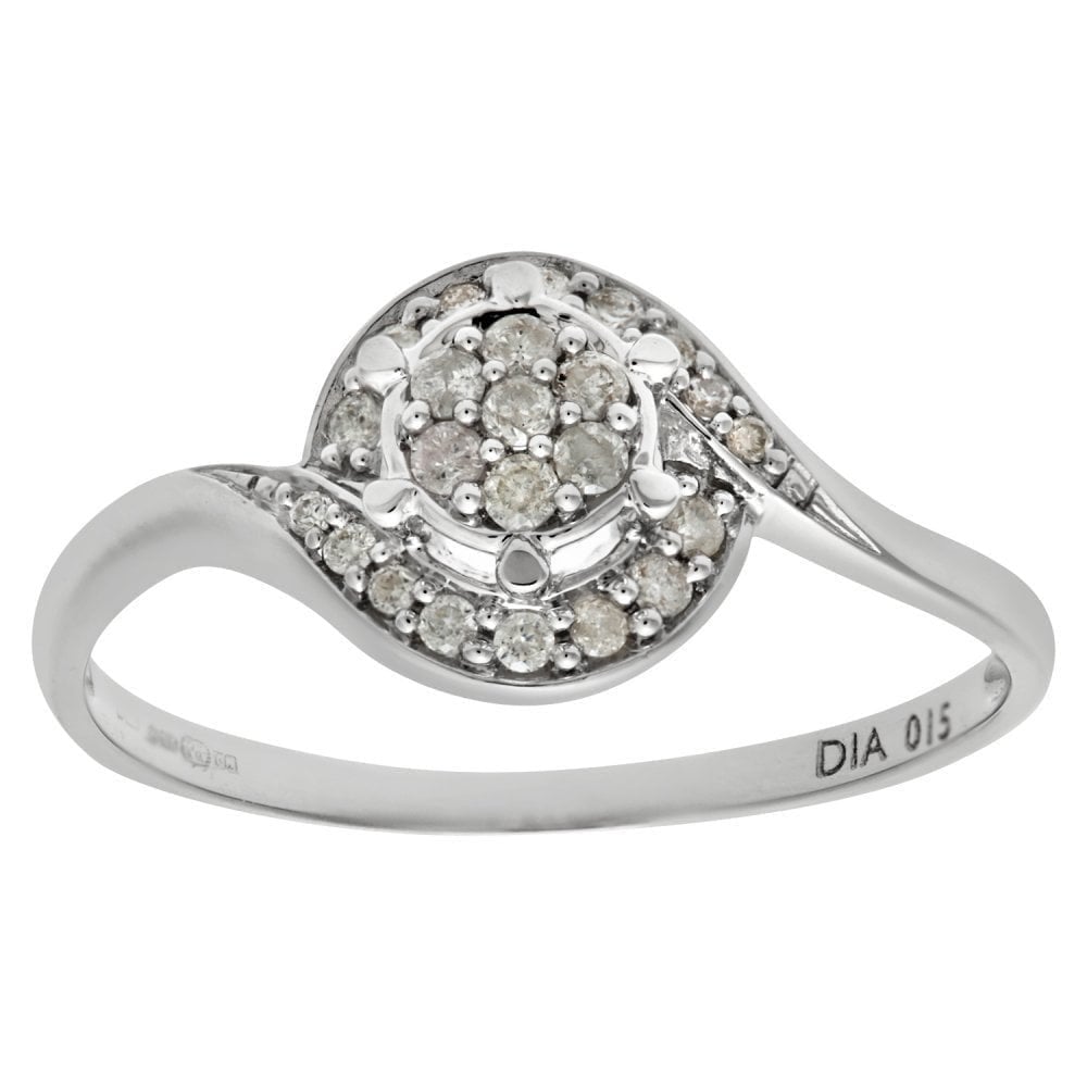 9ct White Gold 0.15 Carat Natural Diamond Cluster Bypass Ring