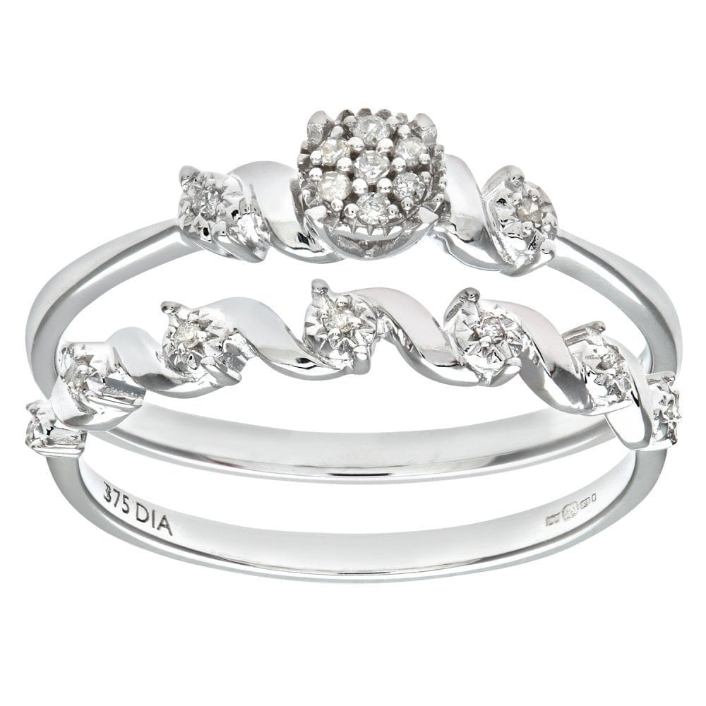 9ct White Gold Natural Diamond Fancy Bridal Ring Set
