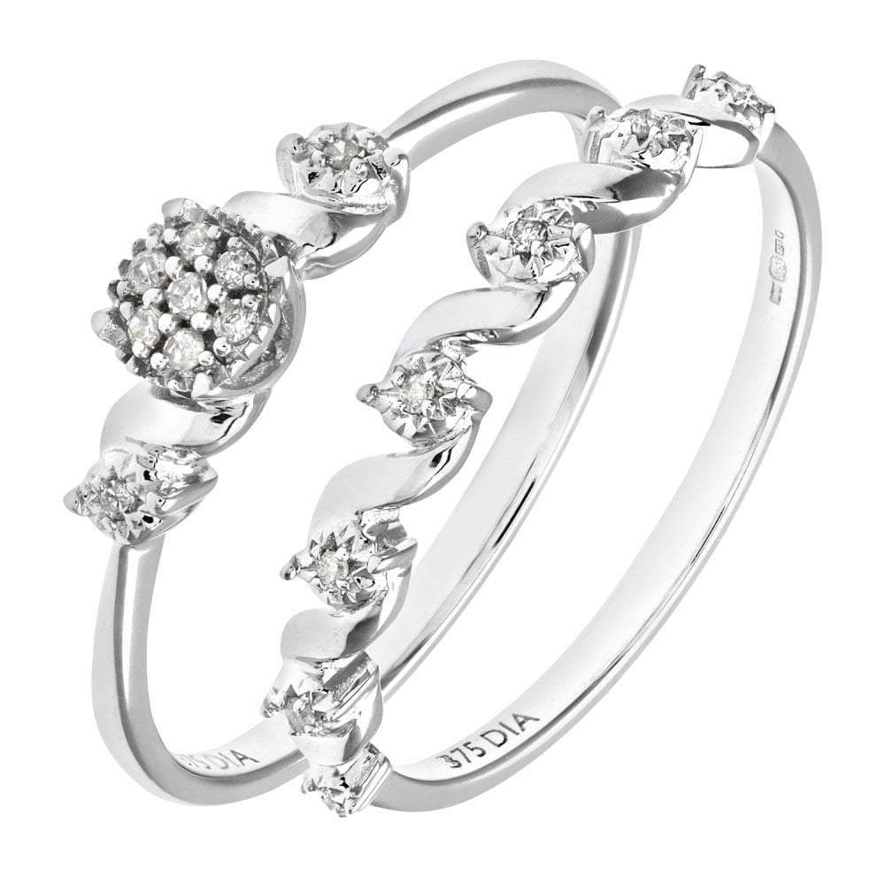 9ct White Gold Natural Diamond Fancy Bridal Ring Set