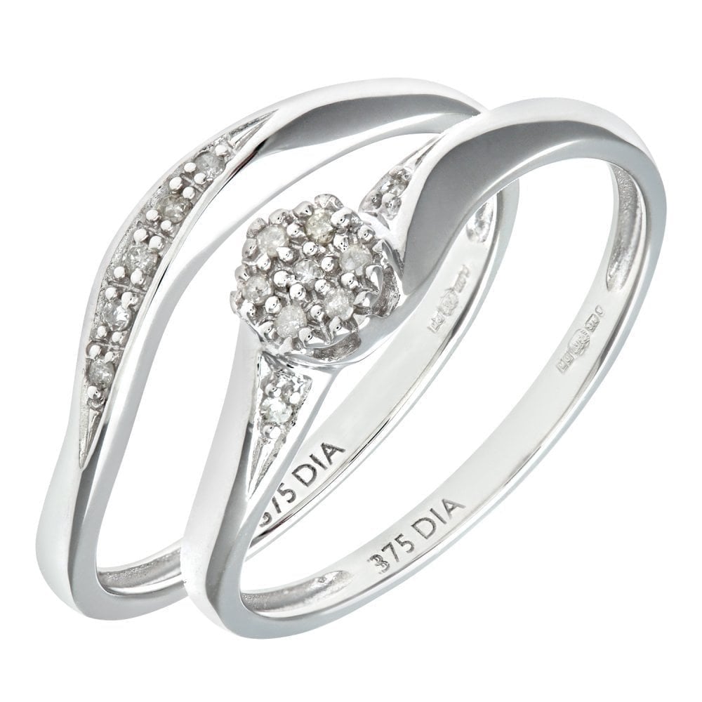 9ct White Gold Natural Diamond Bypass Bridal Ring Set