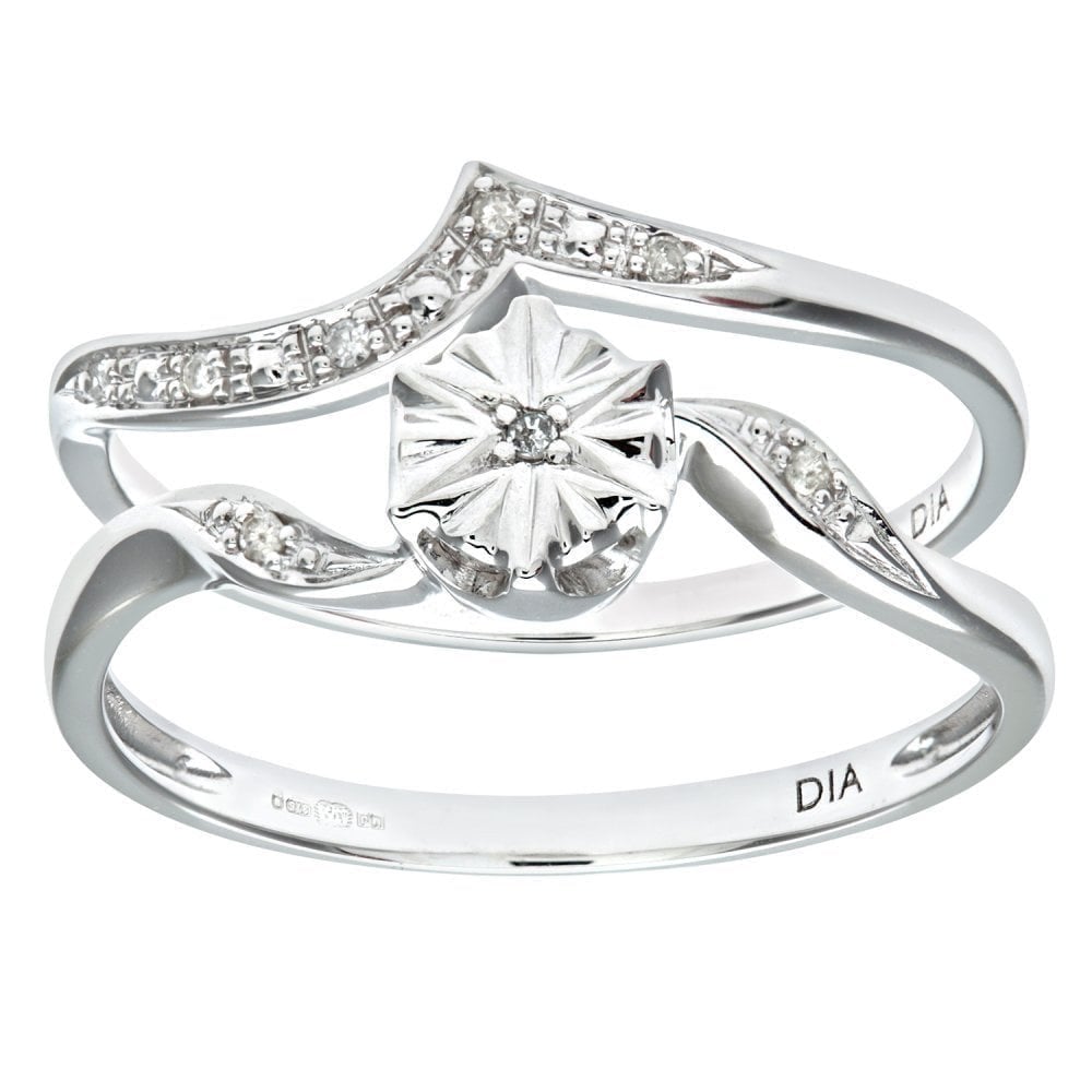 9ct White Gold Natural Diamond Fancy Bridal Ring Set