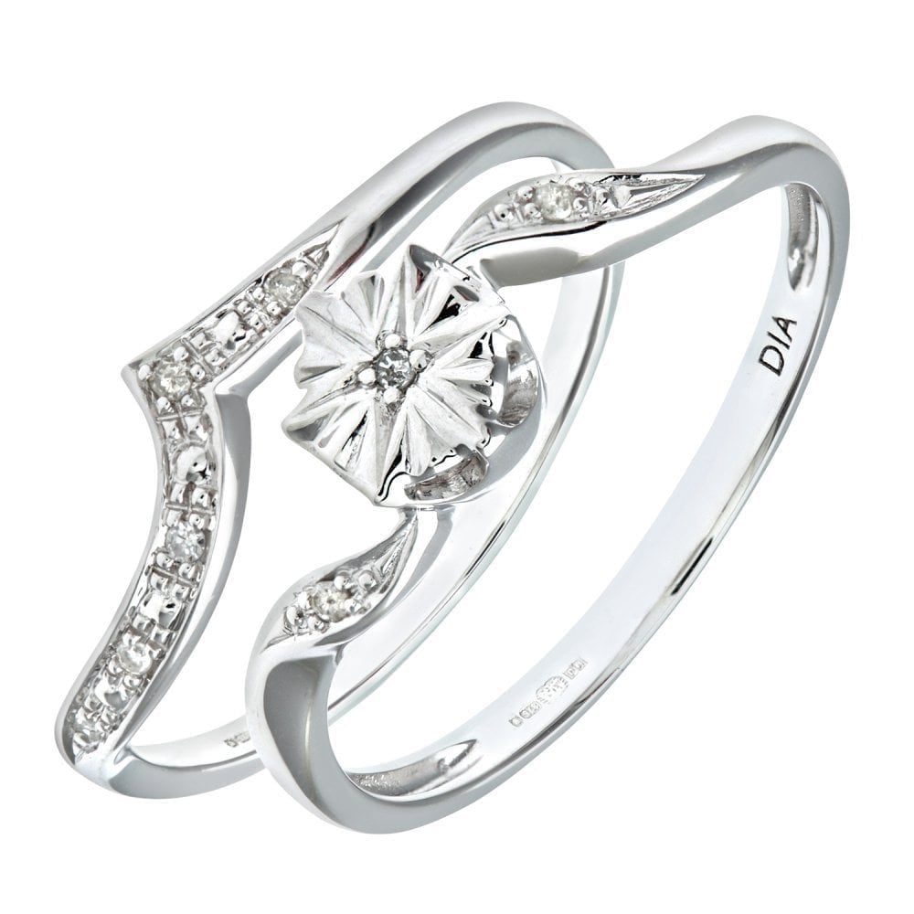 9ct White Gold Natural Diamond Fancy Bridal Ring Set
