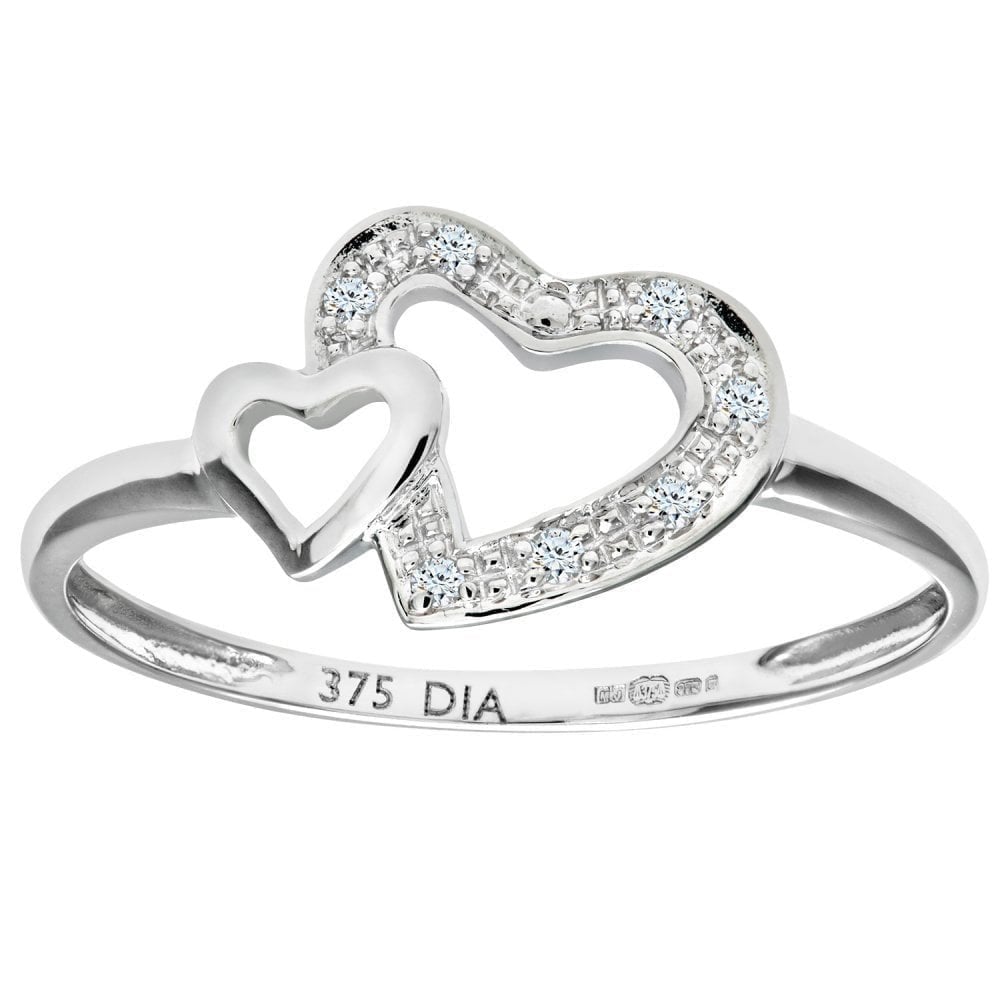 9ct White Gold Natural Diamond Two Hearts Promise Ring
