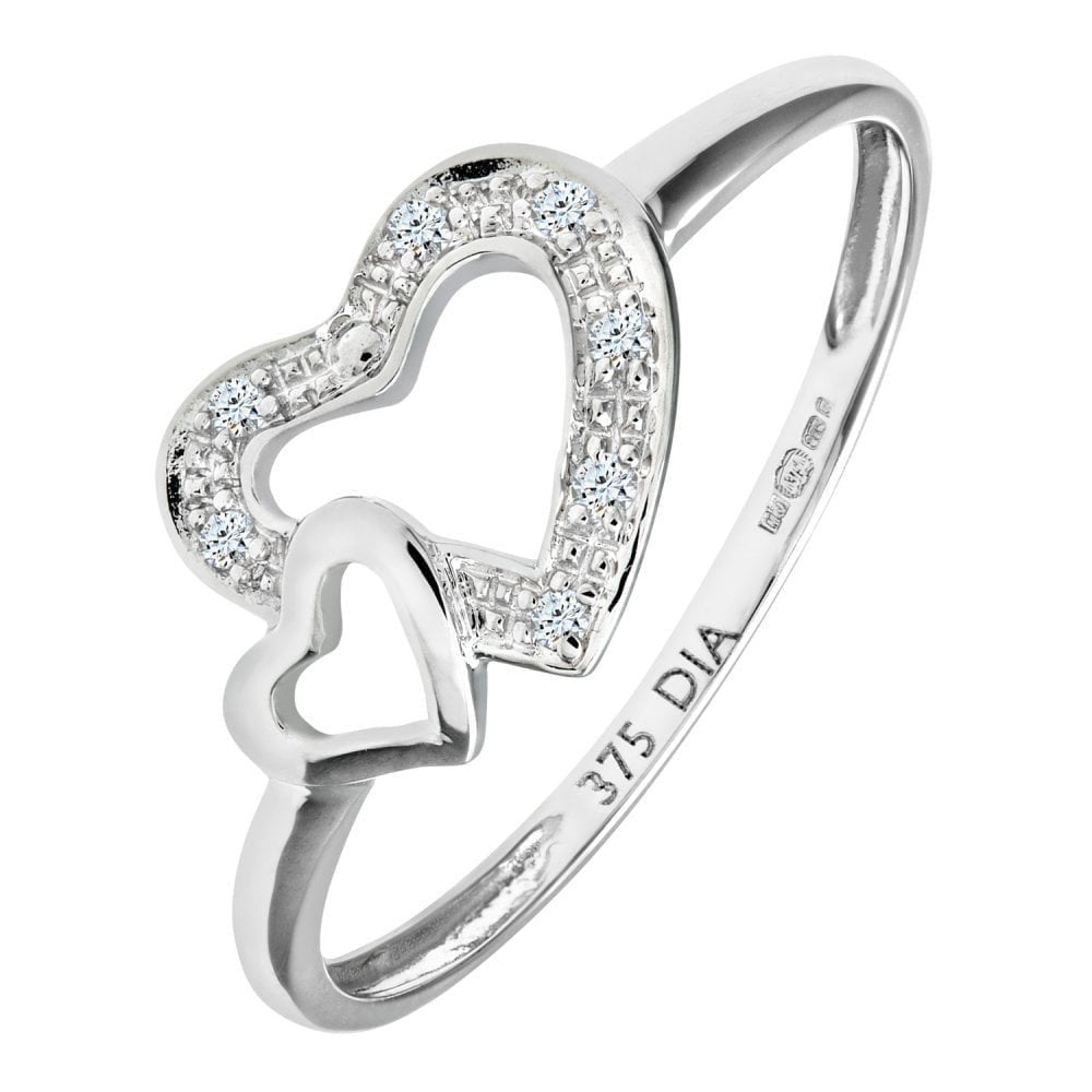9ct White Gold Natural Diamond Two Hearts Promise Ring
