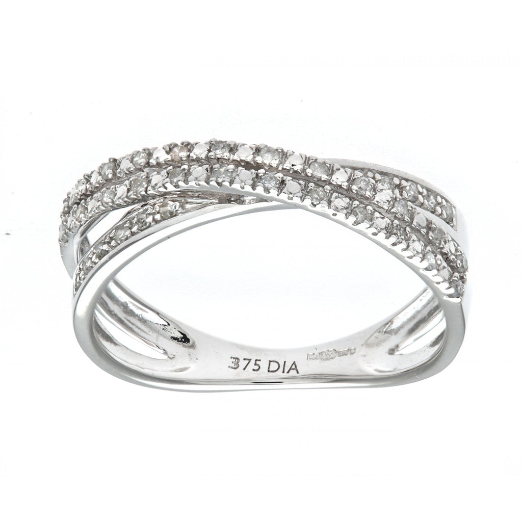9ct White Gold 0.15 Carat Natural Diamond 3-Row Crossover Ring
