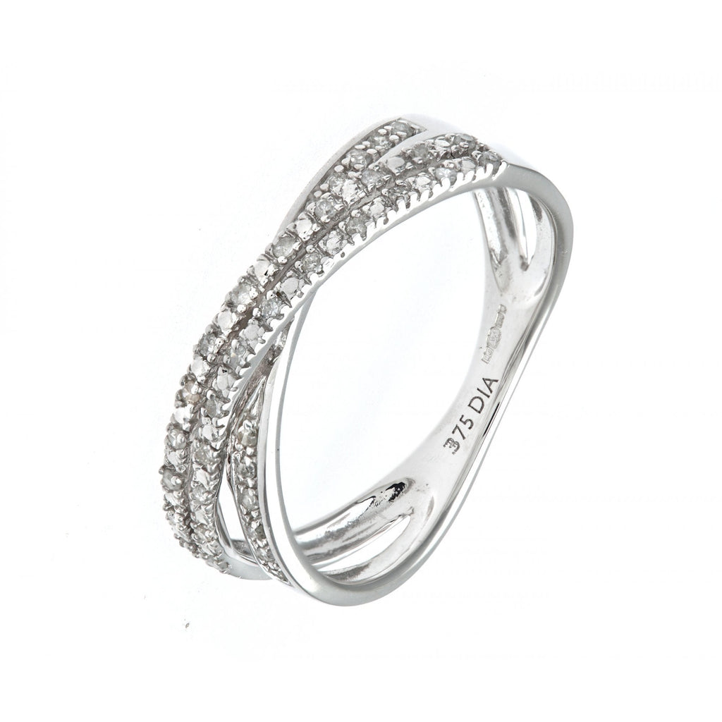 9ct White Gold 0.15 Carat Natural Diamond 3-Row Crossover Ring
