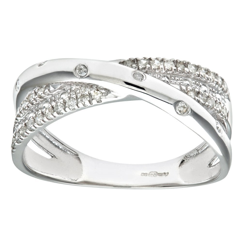 9ct White Gold 0.15 Carat Natural Diamond  Flush Set Crossover Ring