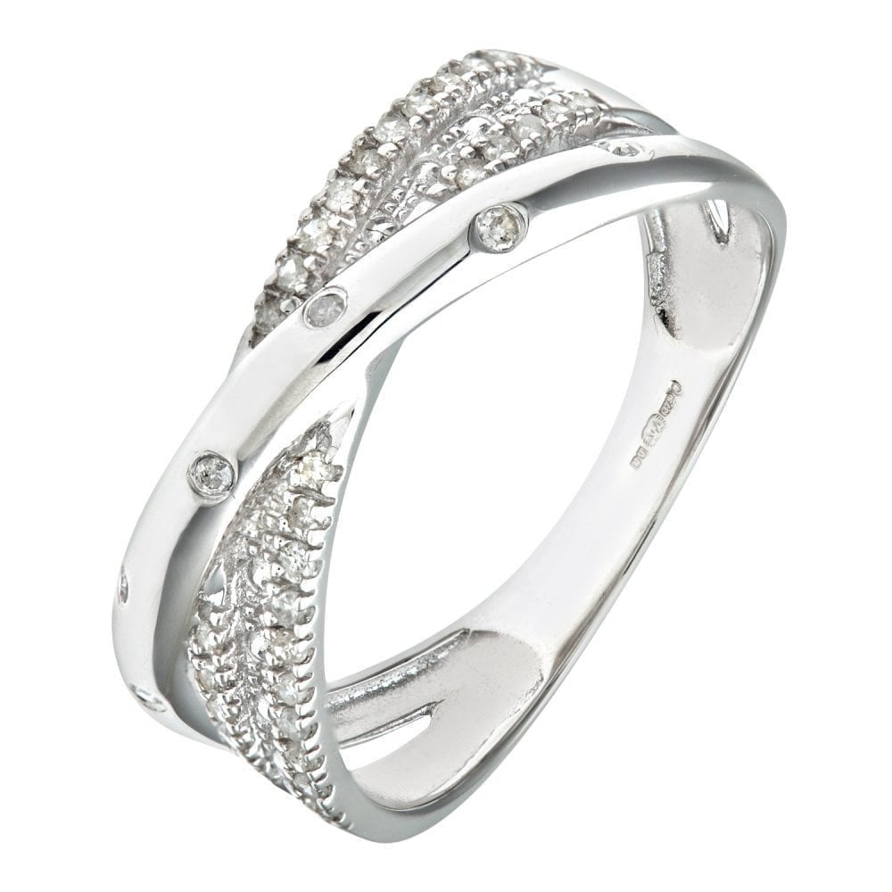 9ct White Gold 0.15 Carat Natural Diamond  Flush Set Crossover Ring