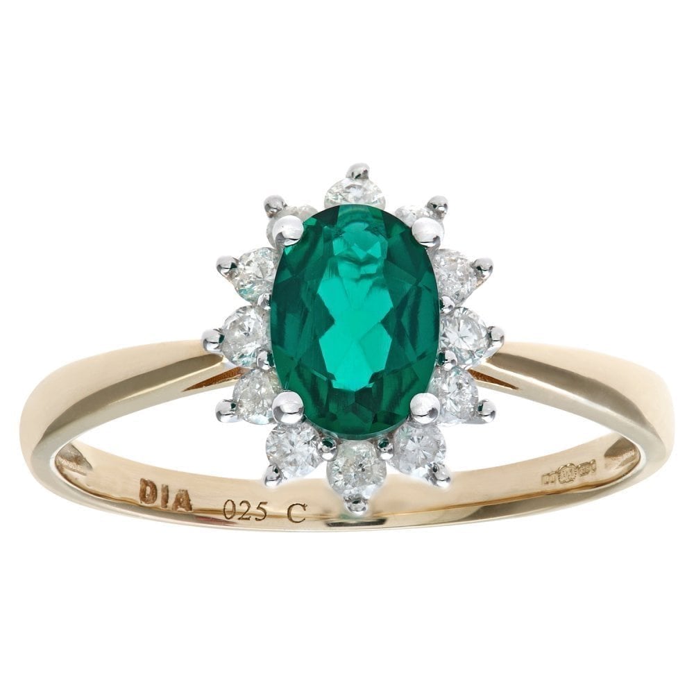 9ct Yellow Gold 0.67ct Oval Emerald and 0.25ct Diamond Halo Ring