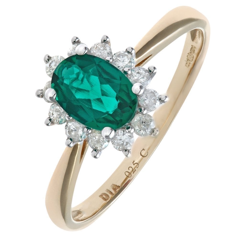 9ct Yellow Gold 0.67ct Oval Emerald and 0.25ct Diamond Halo Ring