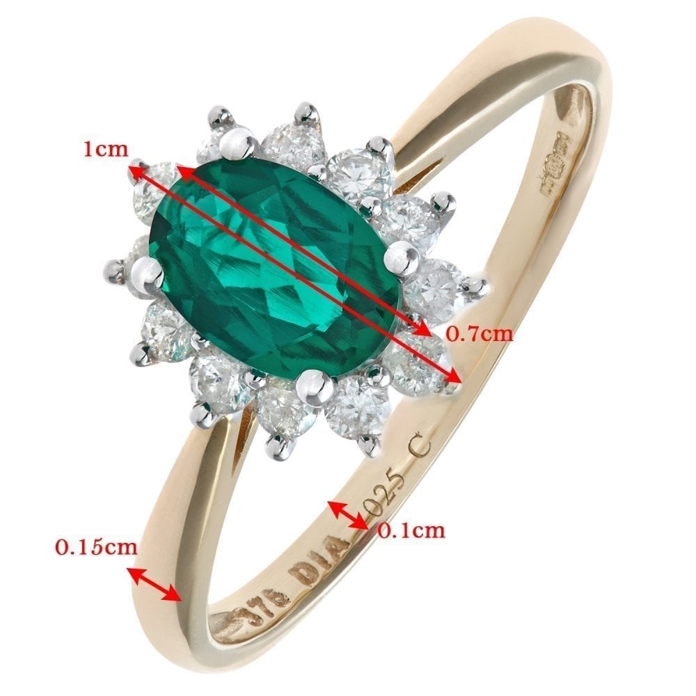 9ct Yellow Gold 0.67ct Oval Emerald and 0.25ct Diamond Halo Ring