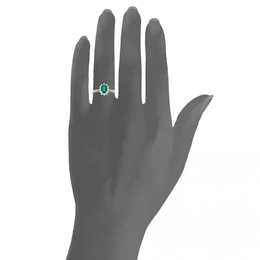 9ct Yellow Gold 0.67ct Oval Emerald and 0.25ct Diamond Halo Ring