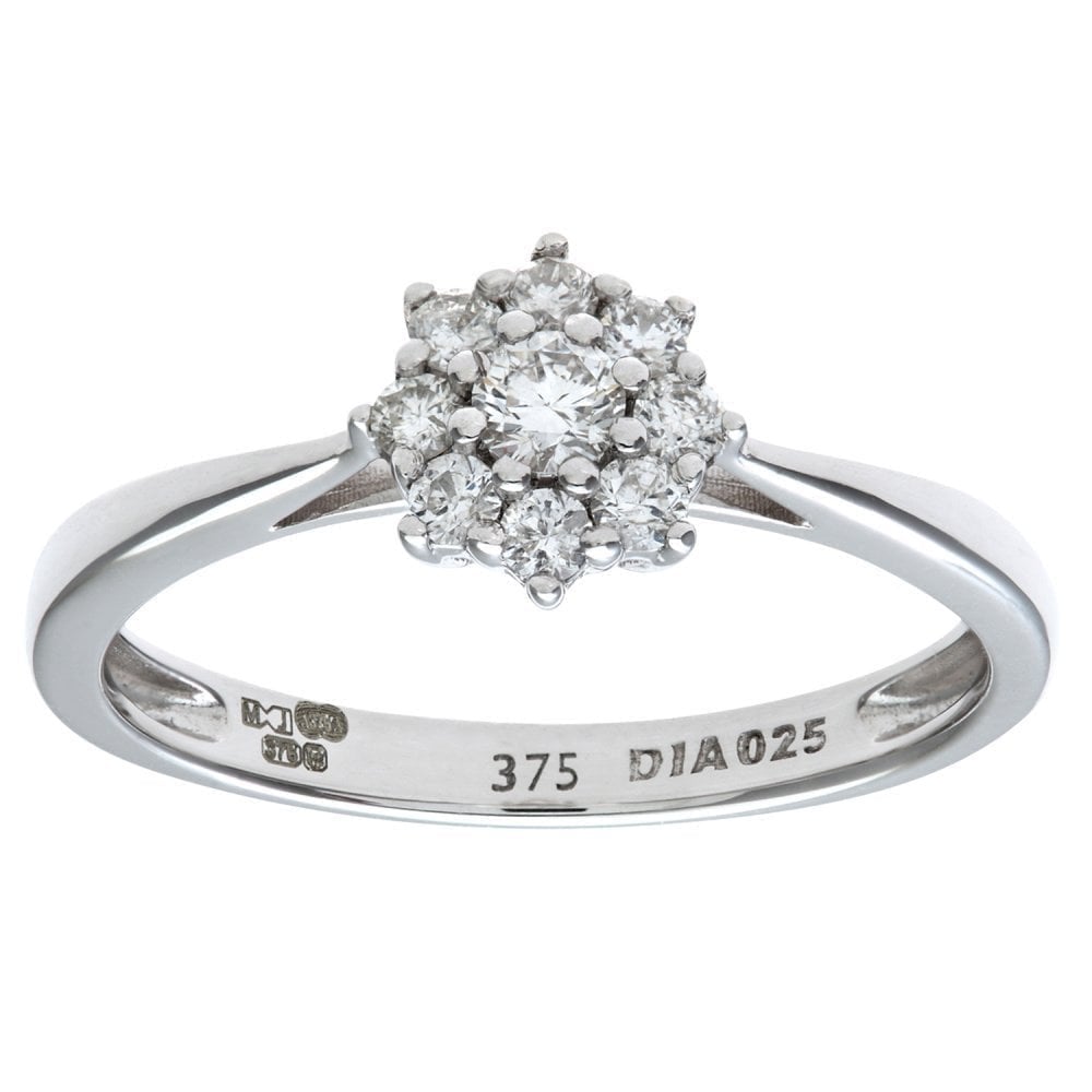 9ct White Gold 0.25 Carat Natural Diamond 7-stone Cluster Ring
