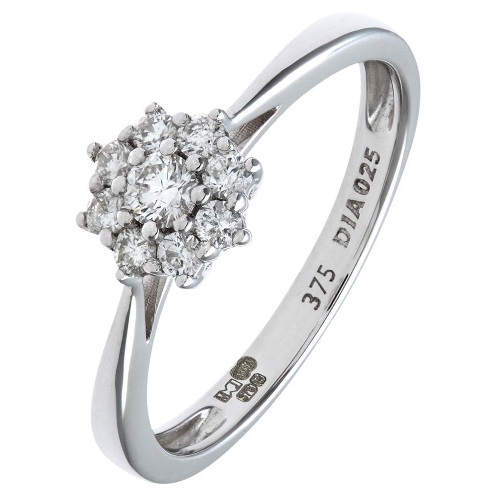 9ct White Gold 0.25 Carat Natural Diamond 7-stone Cluster Ring