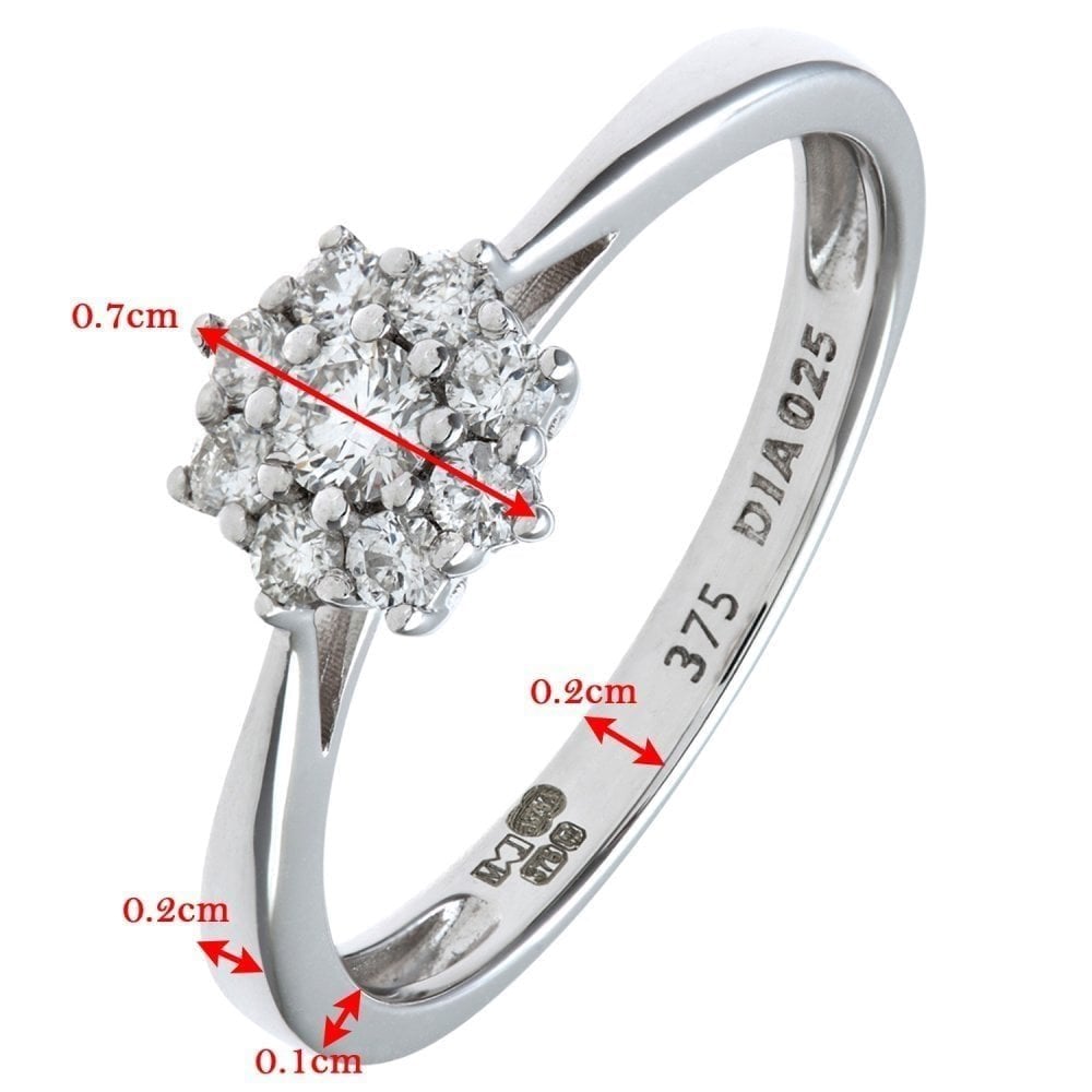 9ct White Gold 0.25 Carat Natural Diamond 7-stone Cluster Ring