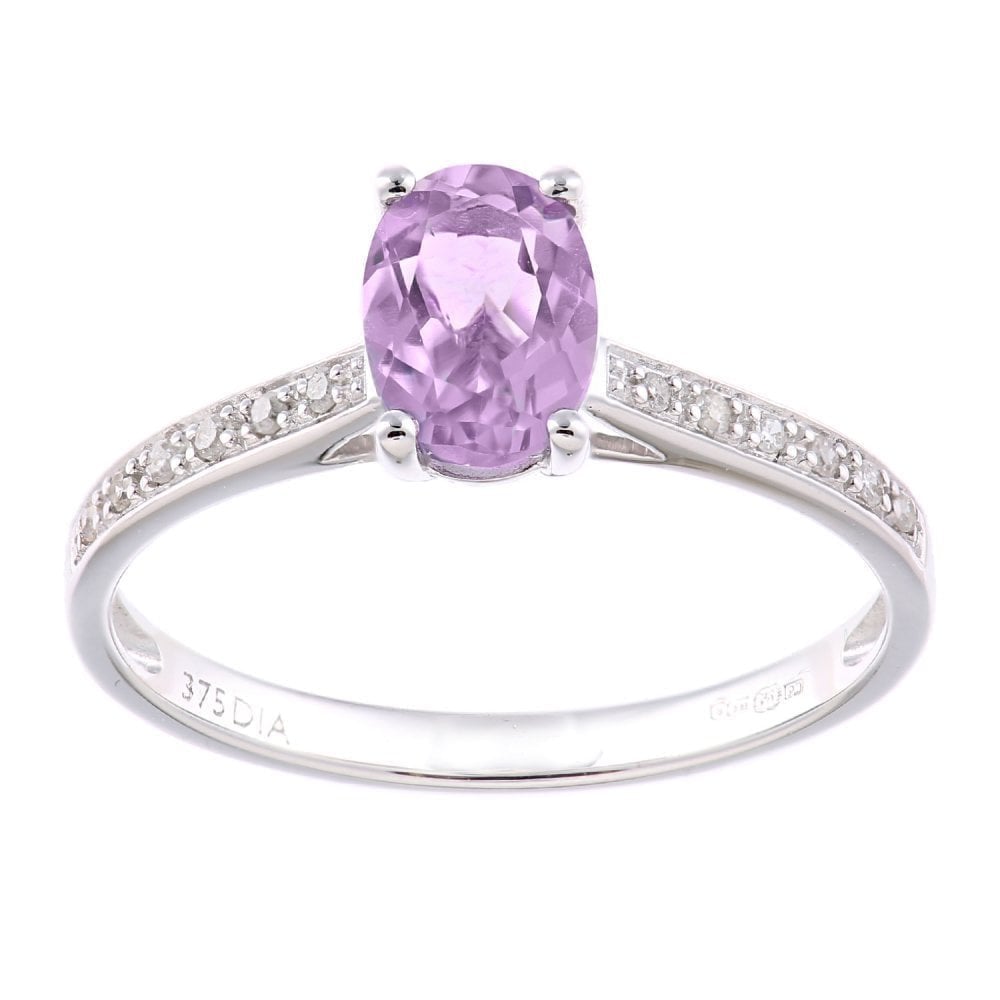9ct White Gold Women Oval Amethyst and 0.05ct Diamond Engagement Ring