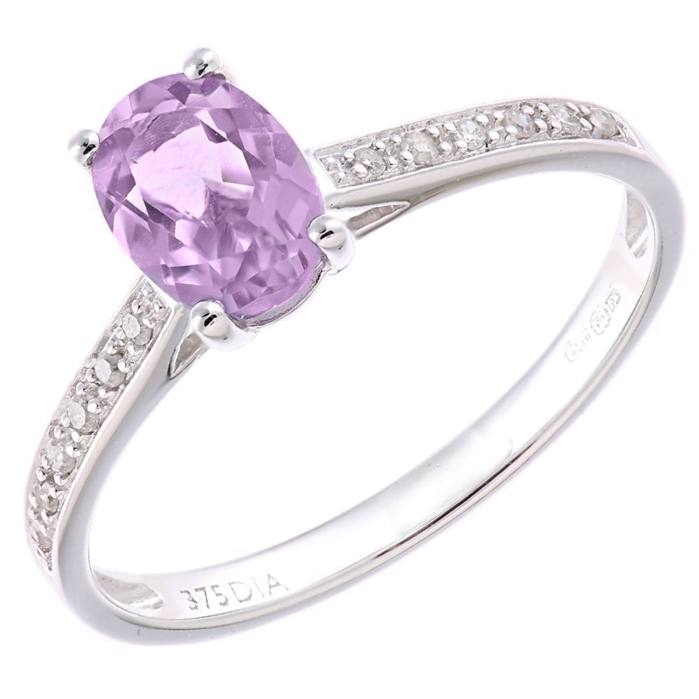9ct White Gold Women Oval Amethyst and 0.05ct Diamond Engagement Ring