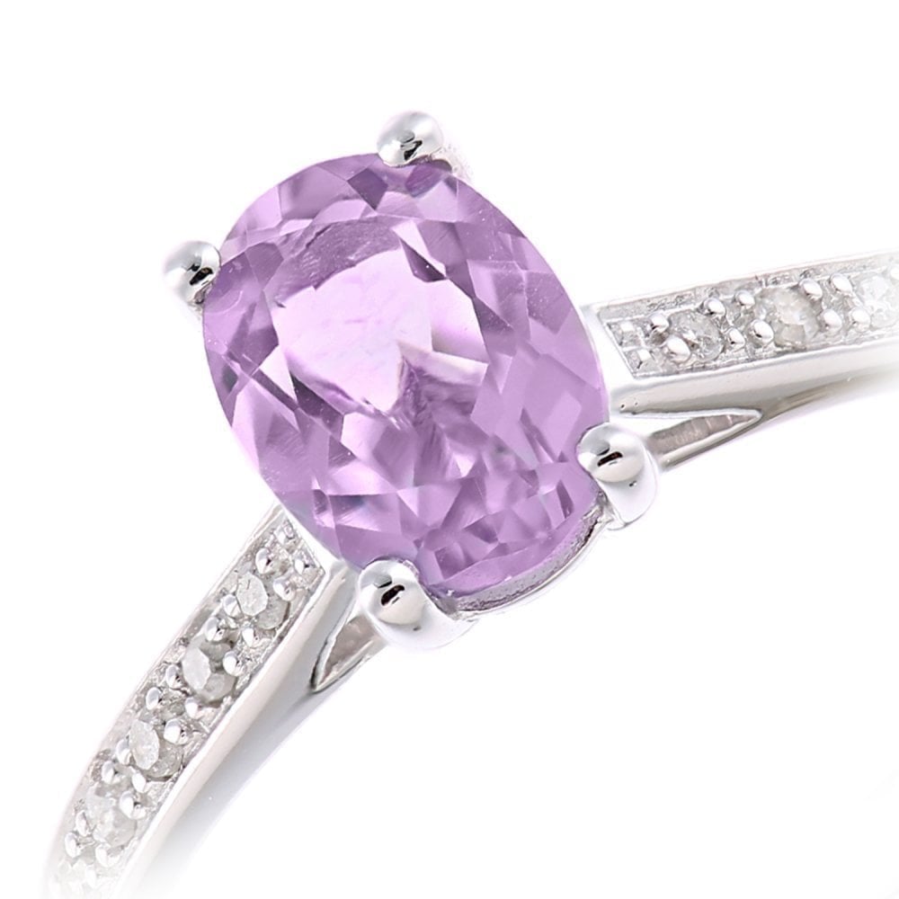 9ct White Gold Women Oval Amethyst and 0.05ct Diamond Engagement Ring