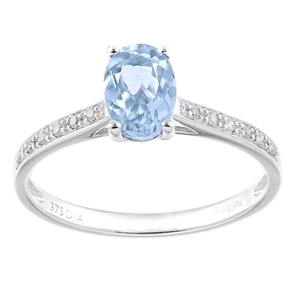 9ct Yellow Gold Carat Sky Blue Topaz and Diamond Oval Engagement Ring