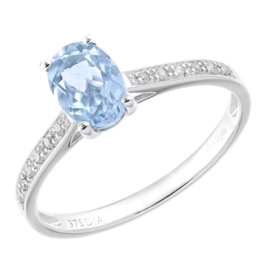 9ct Yellow Gold Carat Sky Blue Topaz and Diamond Oval Engagement Ring