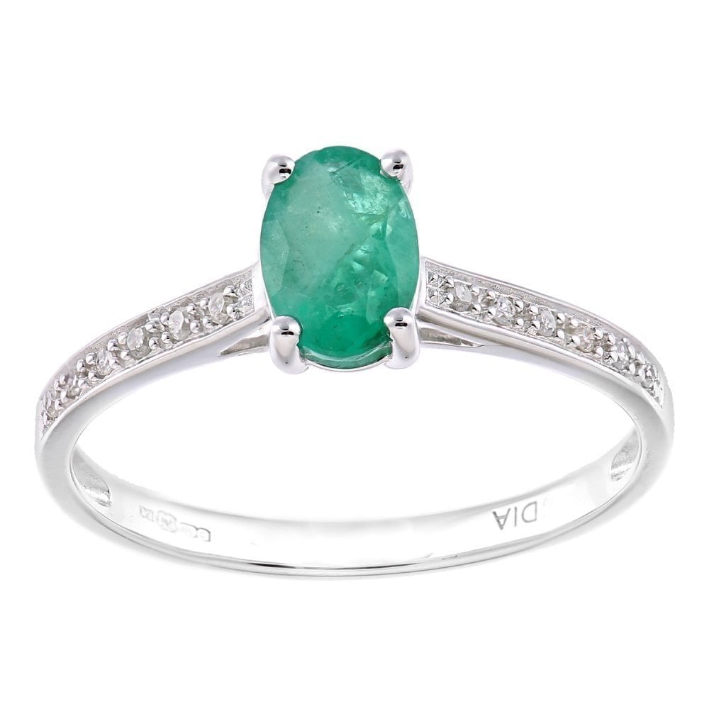 9ct White Gold 0.79ct Oval Emerald and Diamond Shoulders Ring