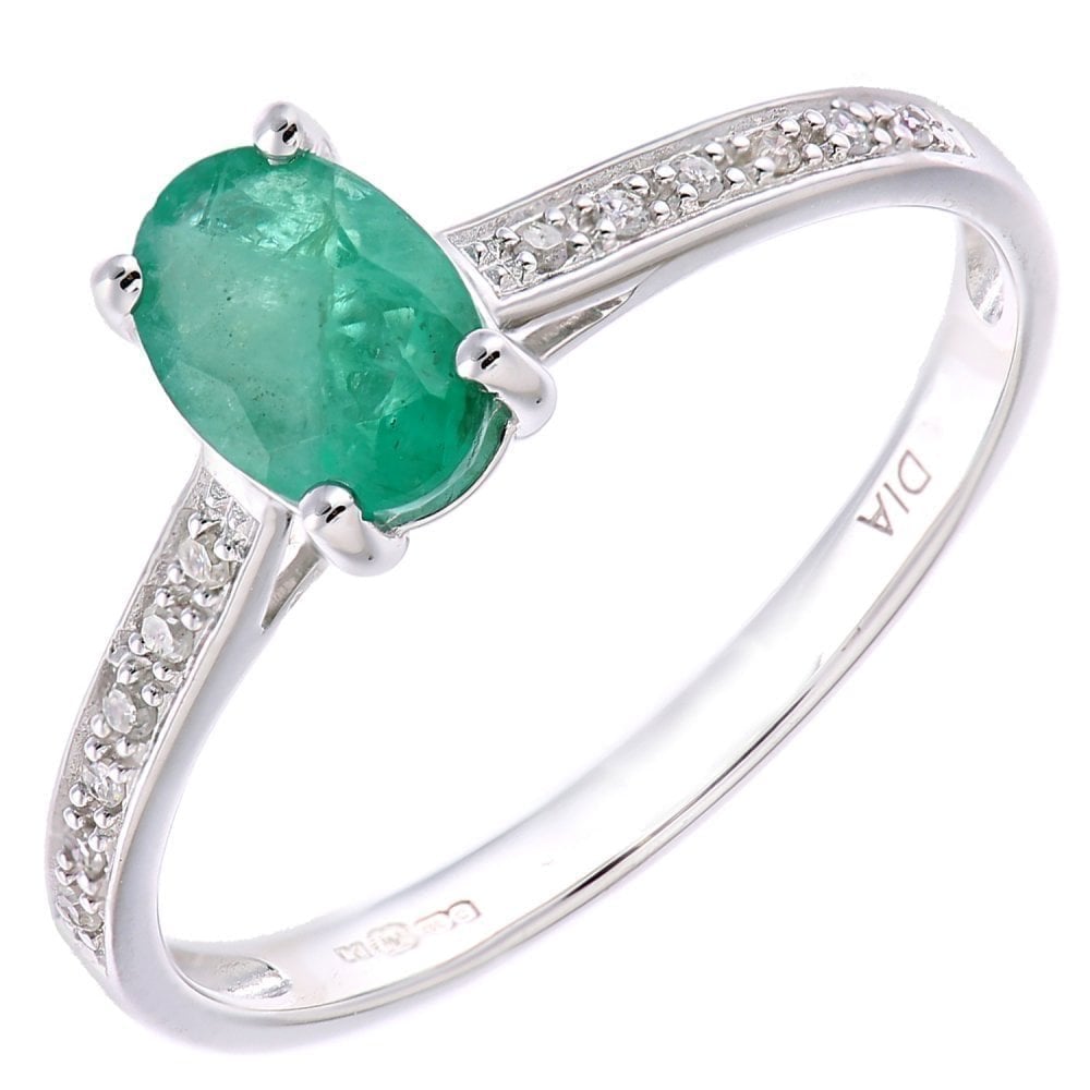 9ct White Gold 0.79ct Oval Emerald and Diamond Shoulders Ring