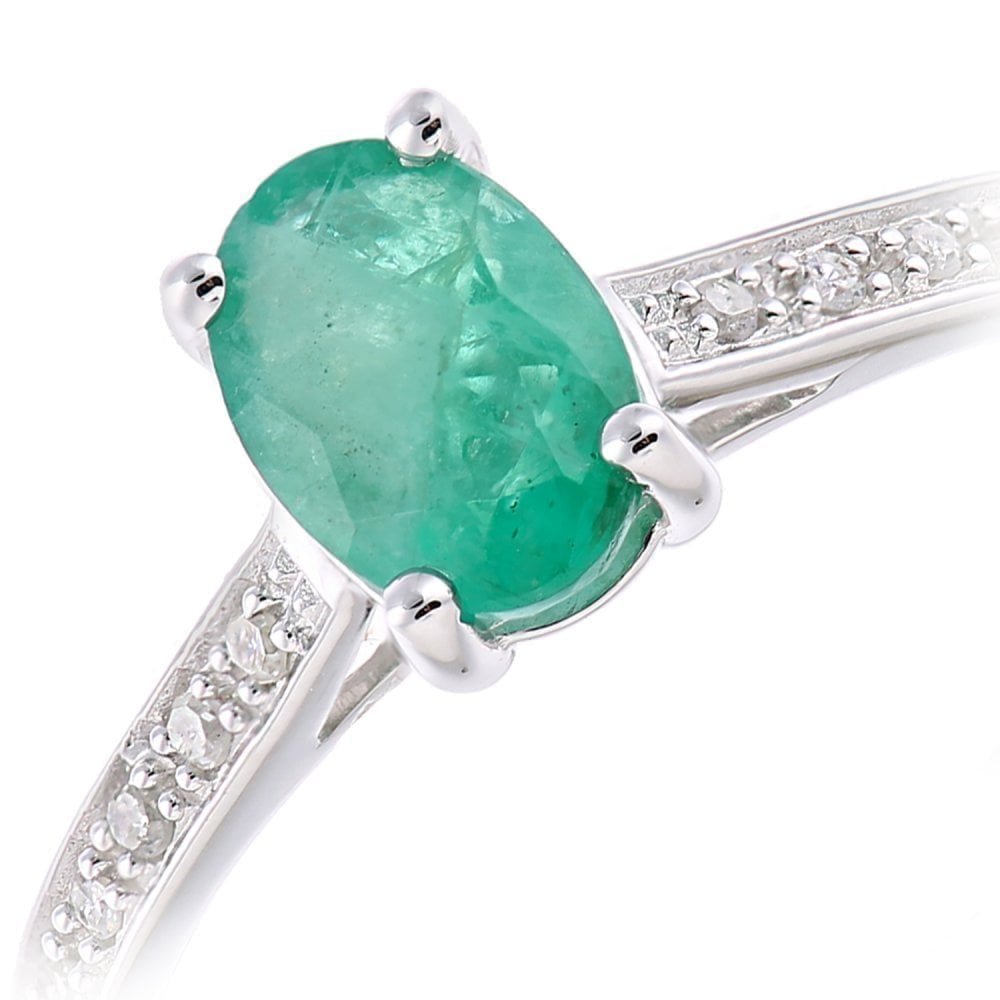 9ct White Gold 0.79ct Oval Emerald and Diamond Shoulders Ring