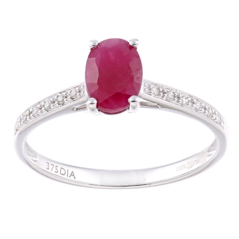 9ct White Gold Women Oval Ruby and 0.05ct Diamond Engagement Ring