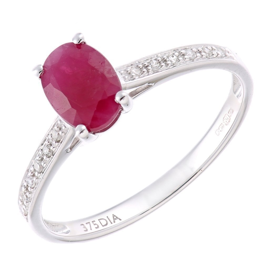 9ct White Gold Women Oval Ruby and 0.05ct Diamond Engagement Ring