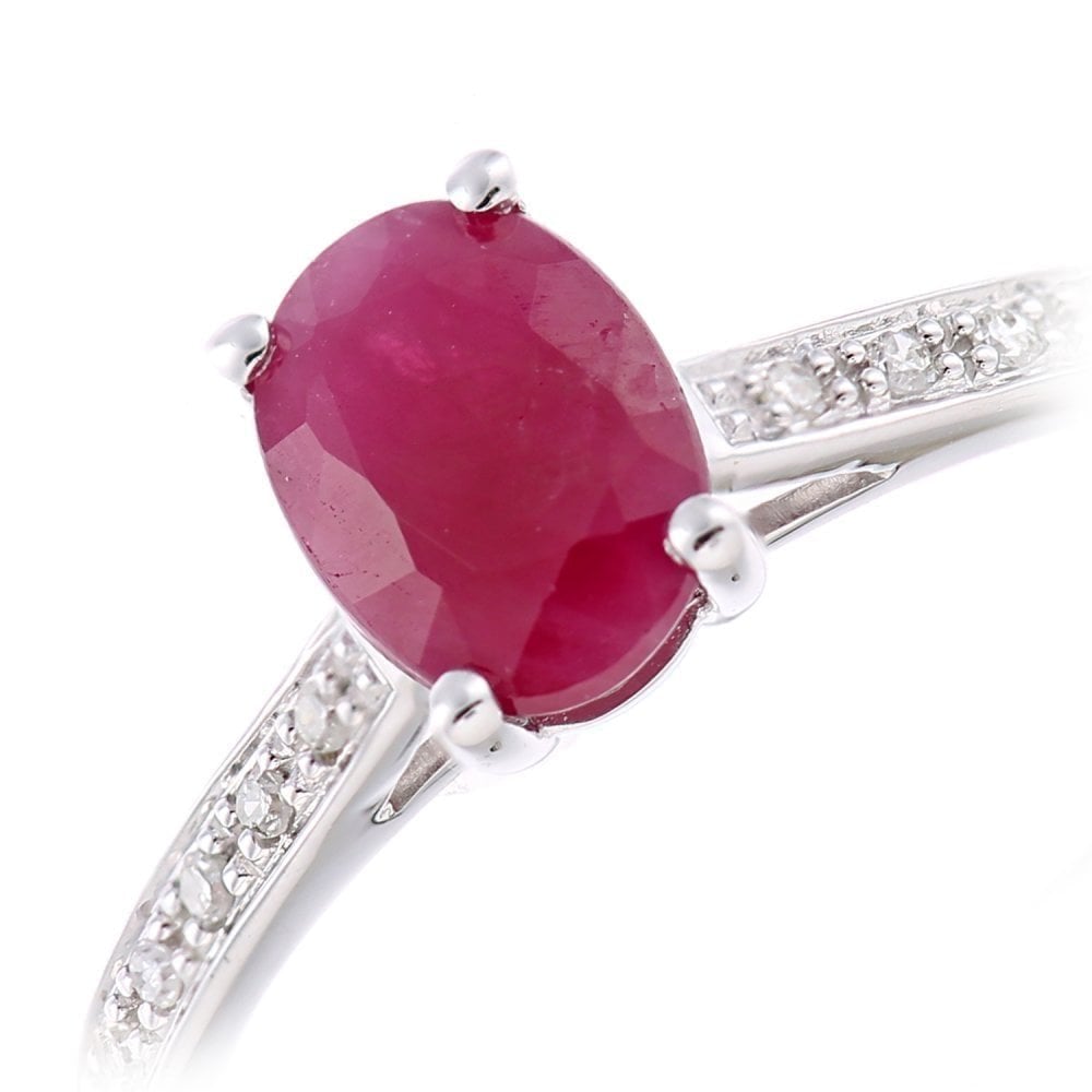 9ct White Gold Women Oval Ruby and 0.05ct Diamond Engagement Ring