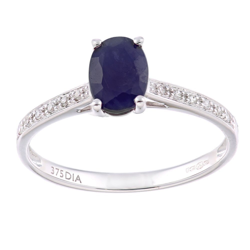1.17 Ct Oval Natural Black Sapphire and Diamond Solitaire Engagement Ring in 9ct White Gold
