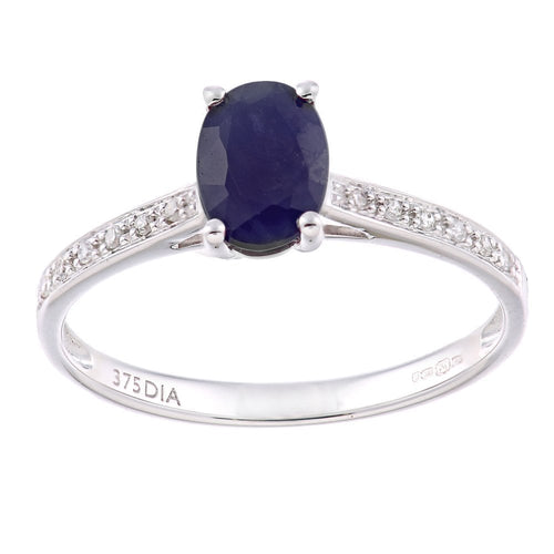 1.17 Ct Oval Natural Black Sapphire and Diamond Solitaire Engagement Ring in 9ct White Gold