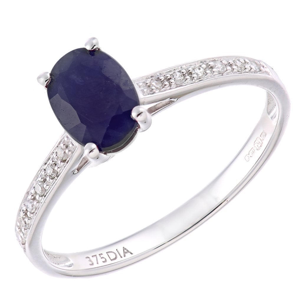 1.17 Ct Oval Natural Black Sapphire and Diamond Solitaire Engagement Ring in 9ct White Gold