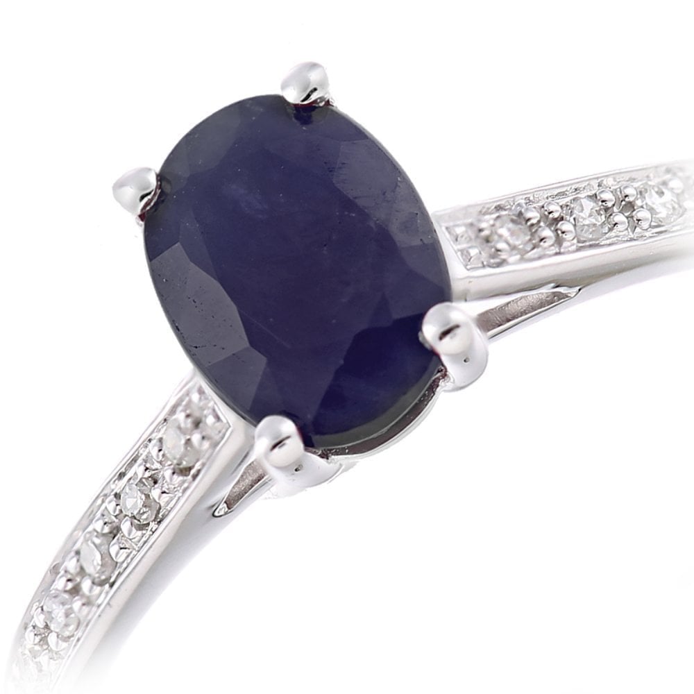 1.17 Ct Oval Natural Black Sapphire and Diamond Solitaire Engagement Ring in 9ct White Gold