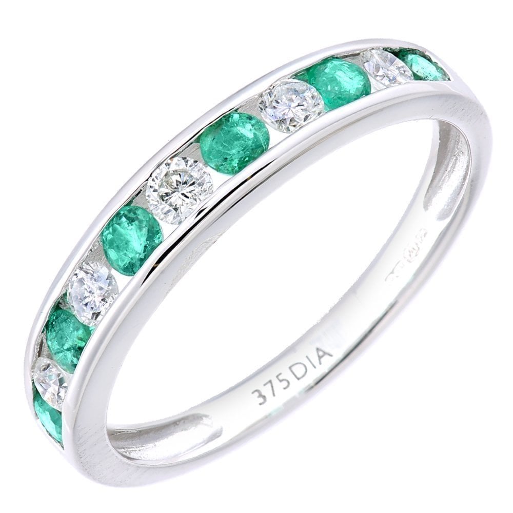 Round Emerald and Diamond Channel Ring 9ct White Gold | Prime Jewellery