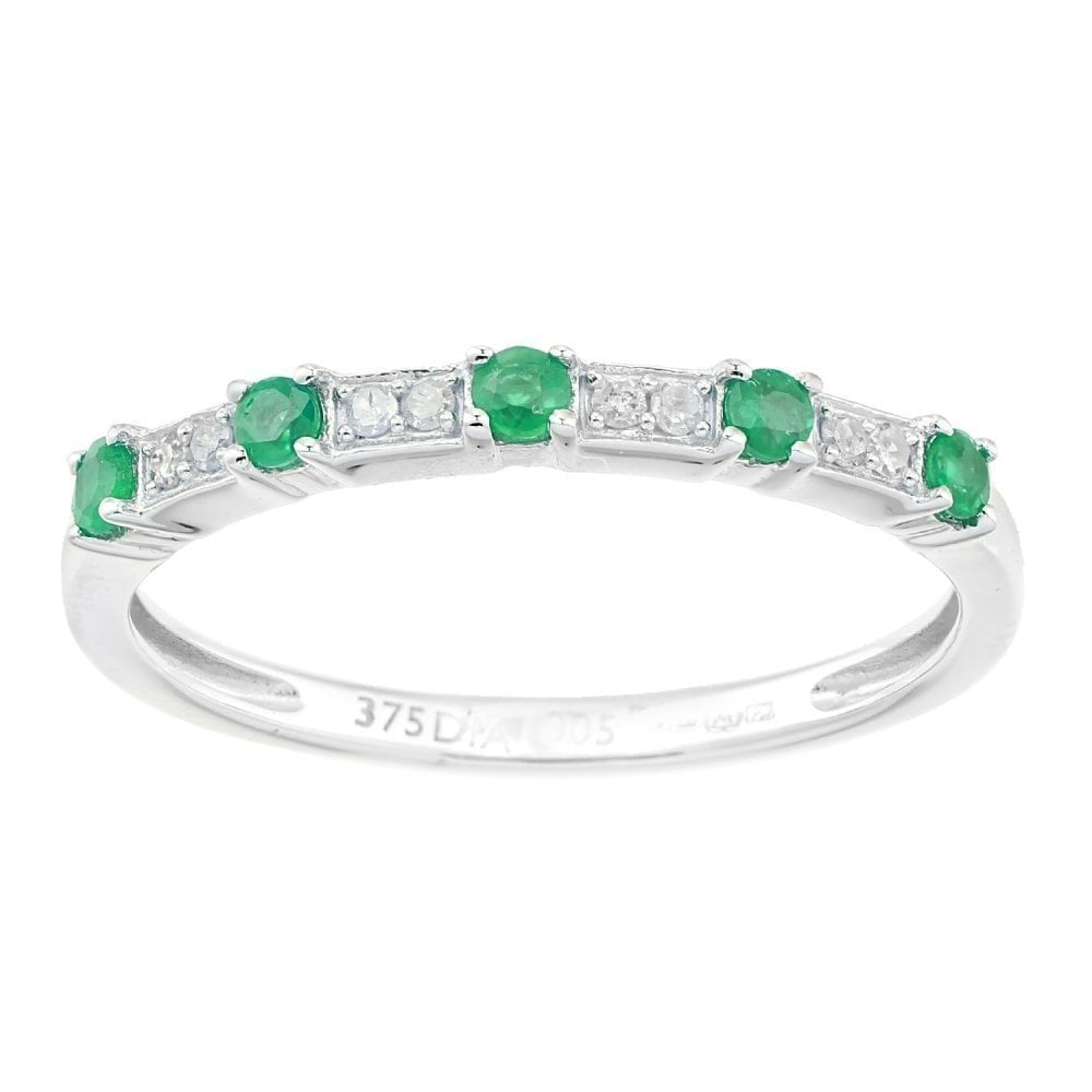 9ct White Gold Women Round Emerald and Diamond Eternity Ring