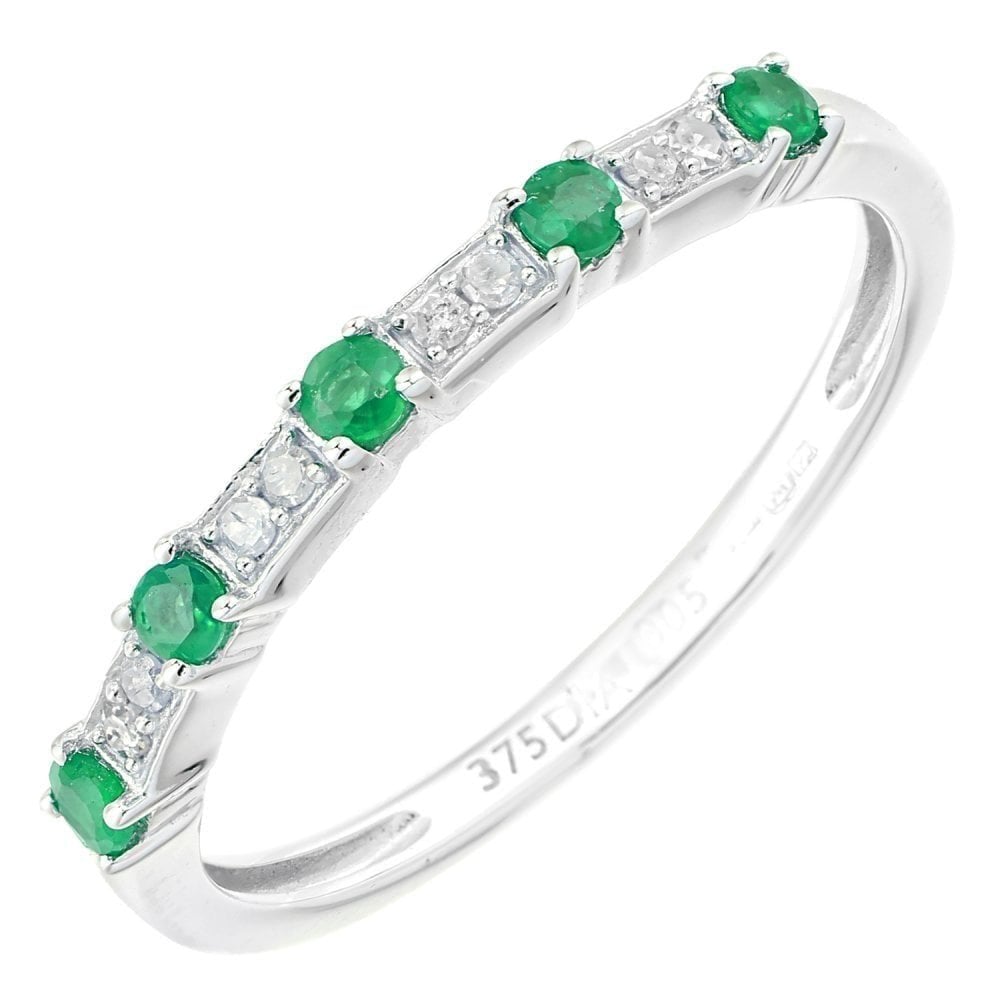 9ct White Gold Women Round Emerald and Diamond Eternity Ring