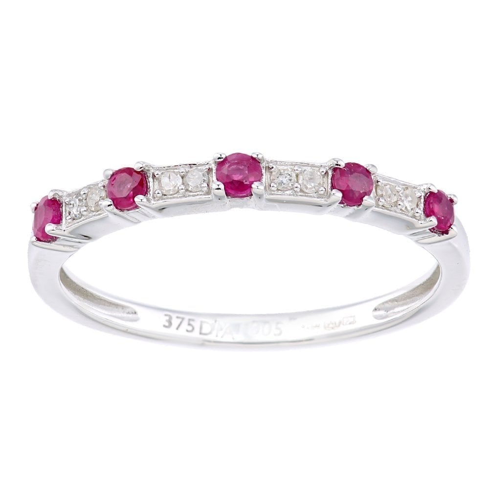 9ct White Gold Women Round Ruby and 0.05 Diamond Eternity Ring