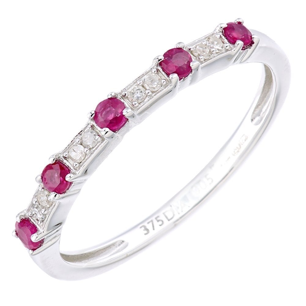 9ct White Gold Women Round Ruby and 0.05 Diamond Eternity Ring