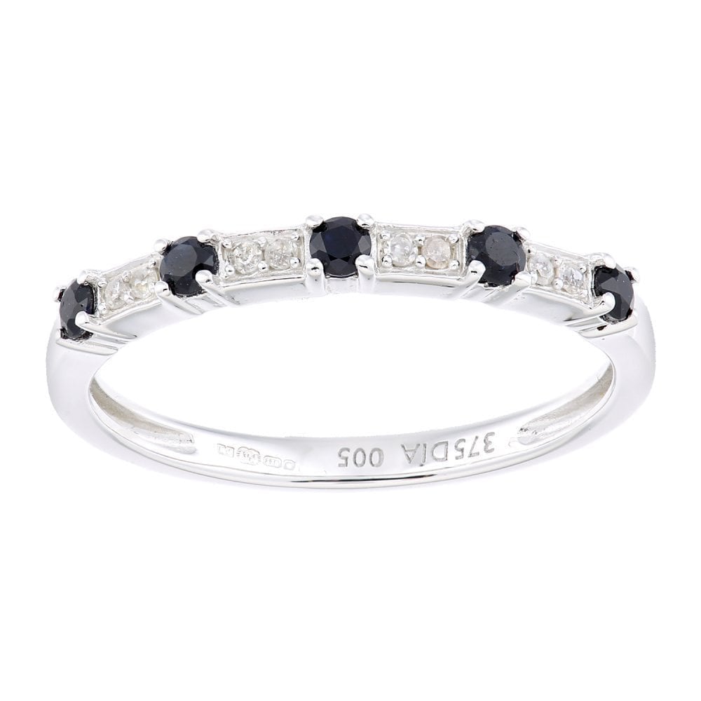 Natural Black Sapphire and Diamond Half Eternity Ring in 9ct White Gold