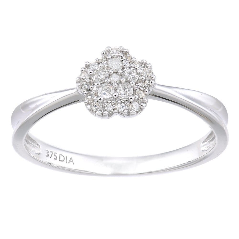 9ct White Gold 0.15 Carat Natural Diamond Cluster Flower Engagement Ring