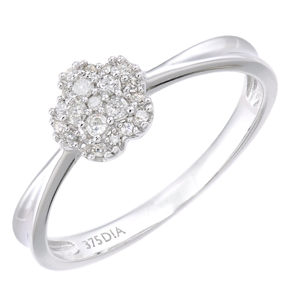 9ct White Gold 0.15 Carat Natural Diamond Cluster Flower Engagement Ring