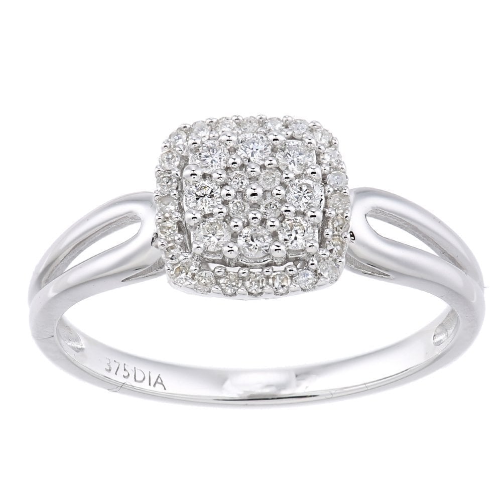 9ct White Gold 0.22 Carat Natural Diamond Cluster Cushion Ring